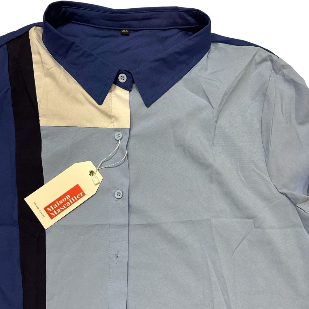 Maison Mascallier Color Block Button Up Blouse Blue Navy Women's‎ 12 NWT